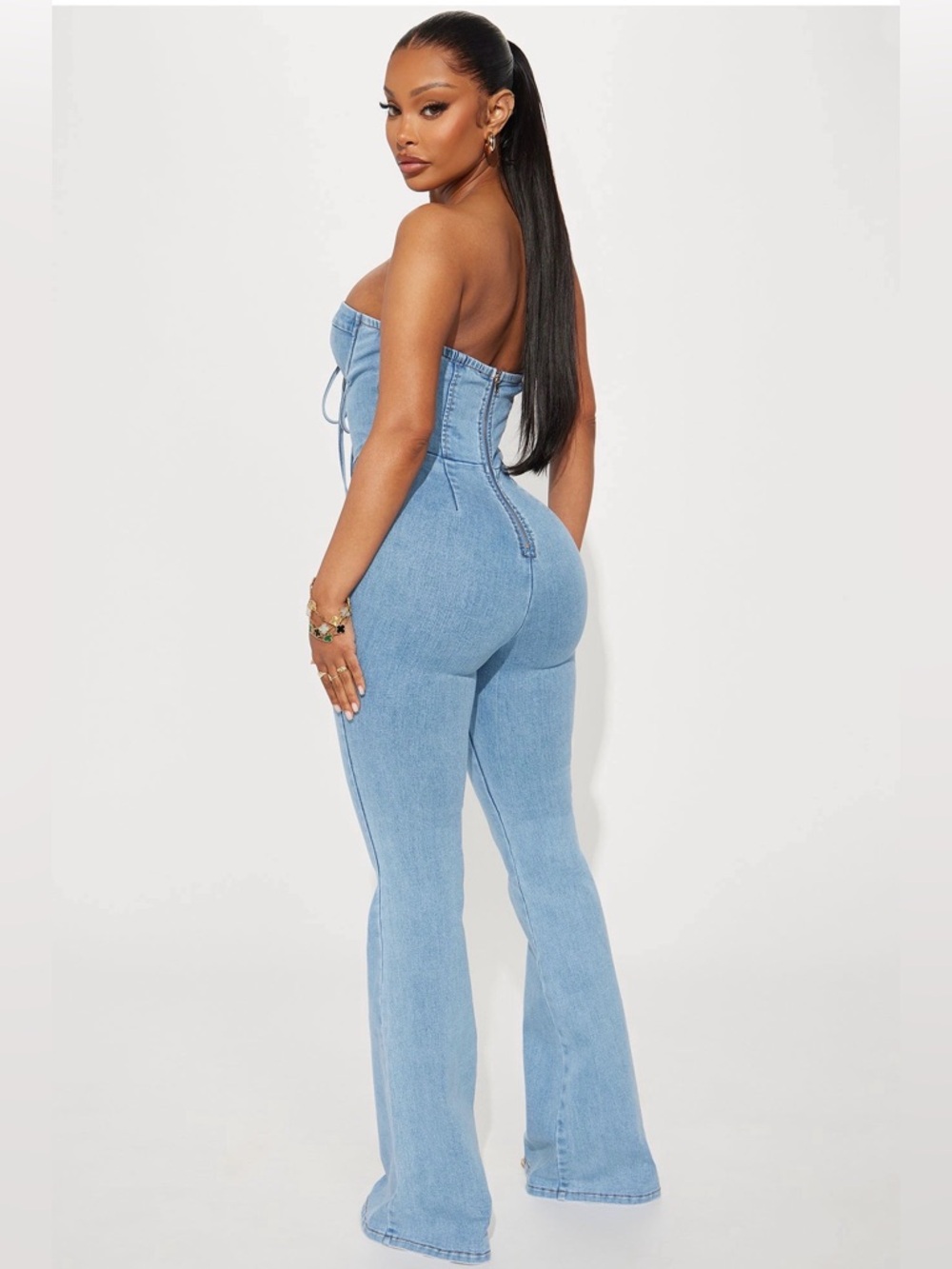 Fashion Nova Light Blue Strapless Denim Corset Jumpsuit with Flared Legs - Picture 2 of 3
